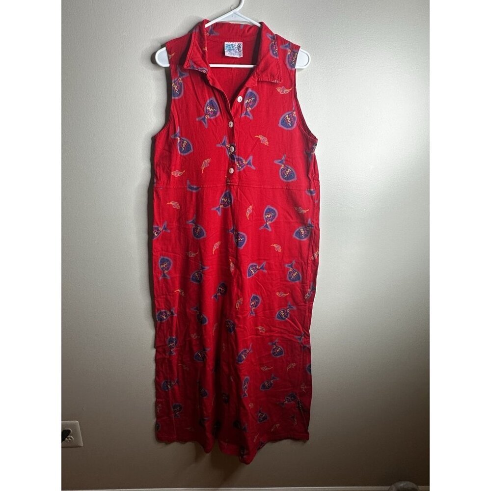 Vintage 90's Zip‎ Code Maxi Dress Tropical Fish Print Womens Large Red Hawaii